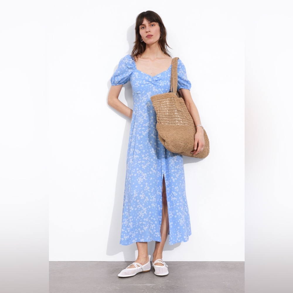 & Other Stories Blue Floral Flowy Puff Sleeve Midi Dress, Size 38